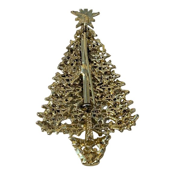 Tancer II Gold Tone Holly Multicolor Rhinestone Christmas Tree Brooch Pin - Picture 7 of 10